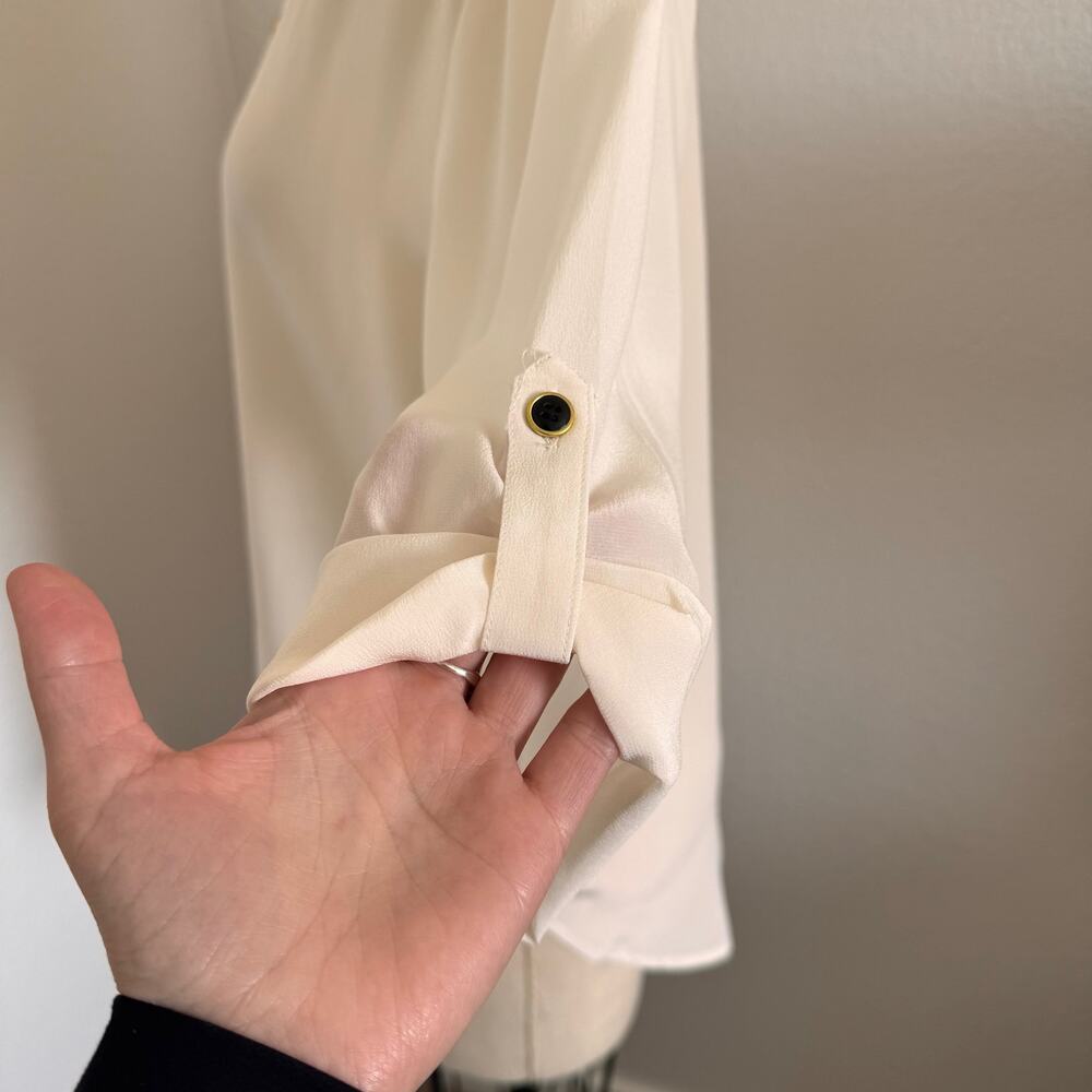 Yumi Kim S Ivory 100% Silk Pintuck Blouse 3/4 Sleeve Black Button Luxury Top - Picture 5 of 10